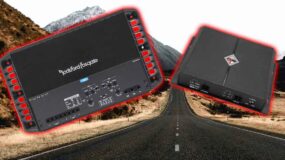 Two car audio amplifiers hovering over a dessert road
