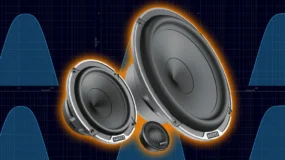 A blue background with two speakers