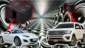 Two cars facing off with a host of speakers behind them