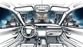A cartoonish version of the inside dash of a vehicle with a band playing on a stage seen through the windshield