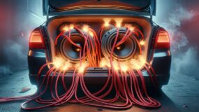 A vehicle trunk with speakers and power wires coming out of it in a smoke filled alley