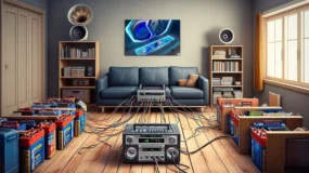 A living room with a car audio setup in it