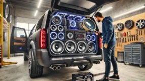 A car inside a garage with it's truck open and a setup with a bunch of speakers in the back of the vehicle
